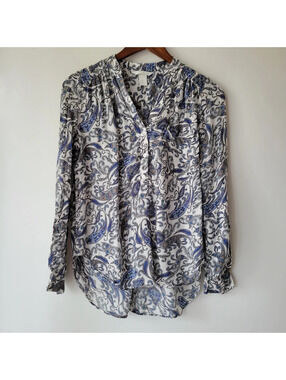 H&M Coastal Blouse Small Womens Blue White Paisley Old Money Prep Rich